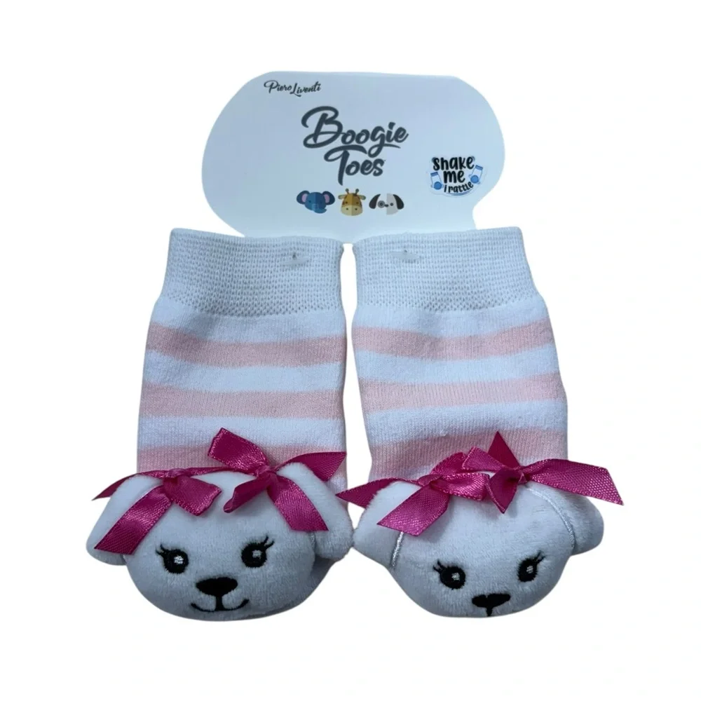 Boogie Toes Baby Girl Pink Striped White Dog Rattle Toe Socks Booties Small NWT